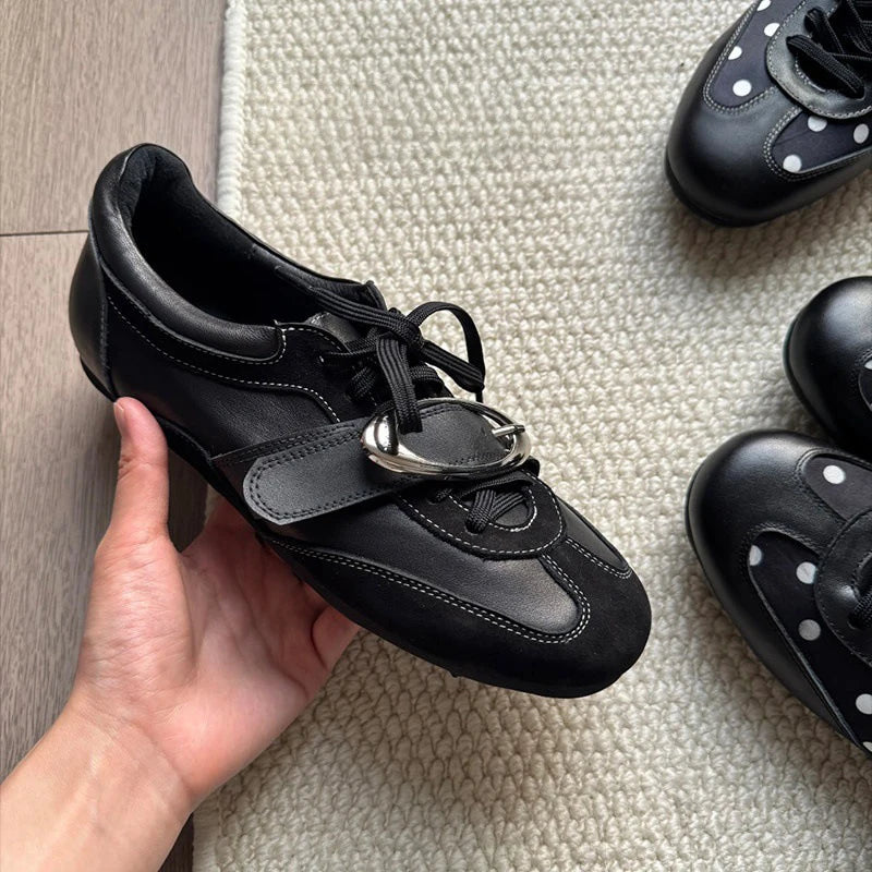 Korean Style Black Polka Dot Sneakers Women Spring 2026 Luxury Metal Decoration Designer Vulcanize Shoes Woman's Sports Shoes Pi-Mart
