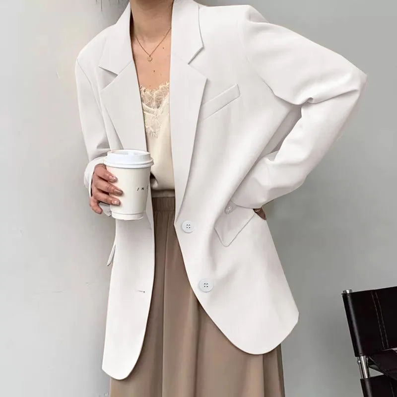 Mid Length Blazer Jacket Women Solid Long Sleeve Pocket Lapel Single Beasted Formal Coat Outerwear Loose Work Casual Blazers Pi-Mart