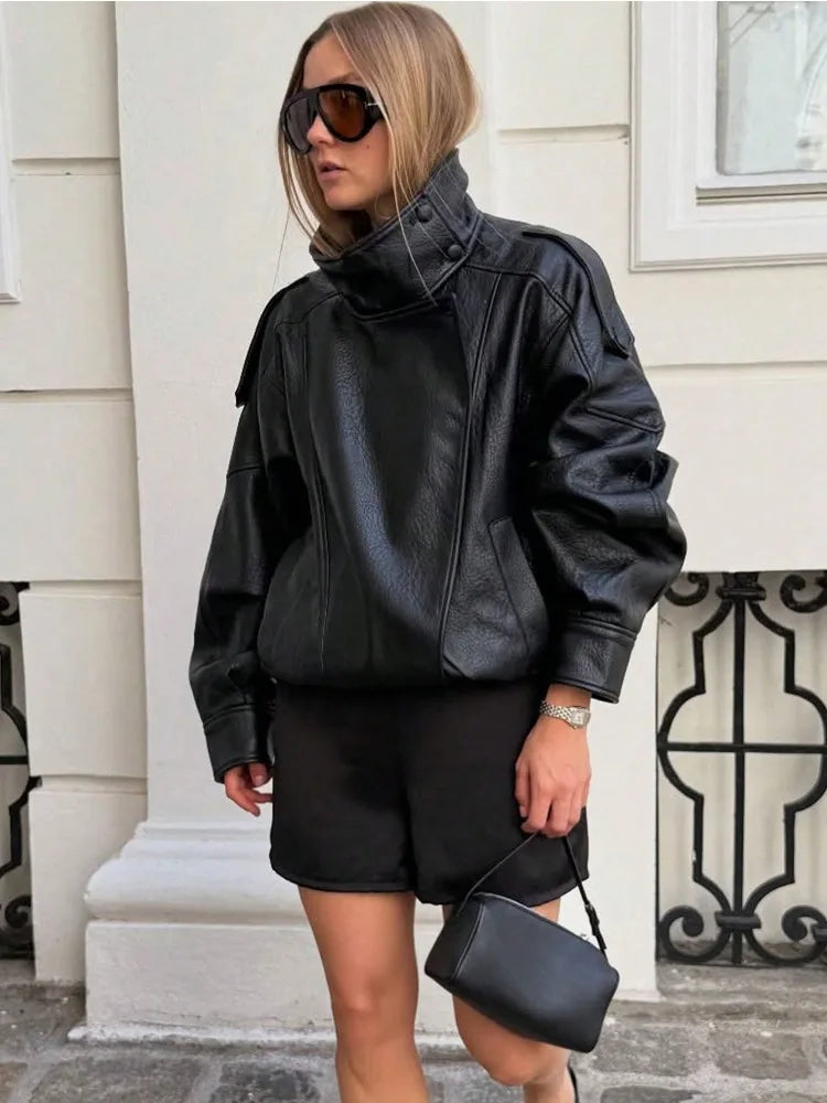 Fake leather Coat Women Y2k Faux Leather Jacket New Casual PU Jacket Motorcycle Style Leather Jacket Pebble Fall Personality LadyShow.Store