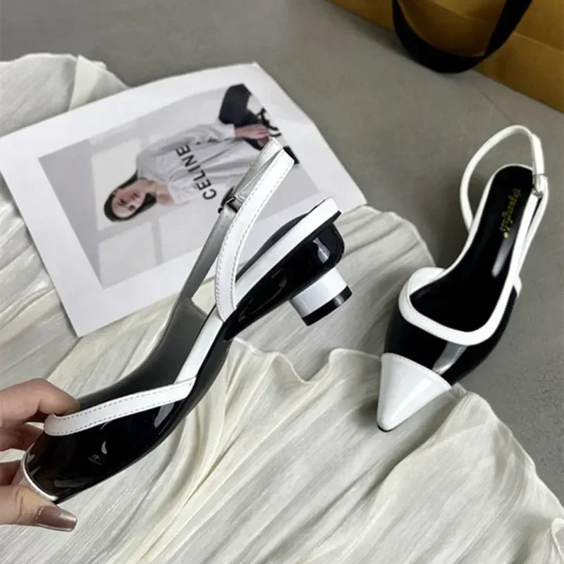 Designer Black White Mixed Color Low Heeled Sandals Women Sexy Pointed Toe Slingbacks Chunky High Heels for Women Elegant Heels LadyShow.Store