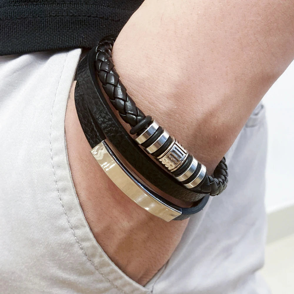 Trendy Leather Bracelets For Men Stainless Steel Bracelet 21CM Multilayer Braided Rope Bracelets for Male Jewelry Gifts Pi-Mart
