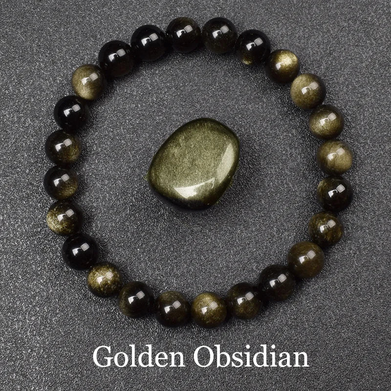 Natural Golden Obsidian Stone Beads Bracelet Men Women Golden Light Rainbow Obsidian Raw Stone Round Bead Natural Energy Jewelry Pi-Mart