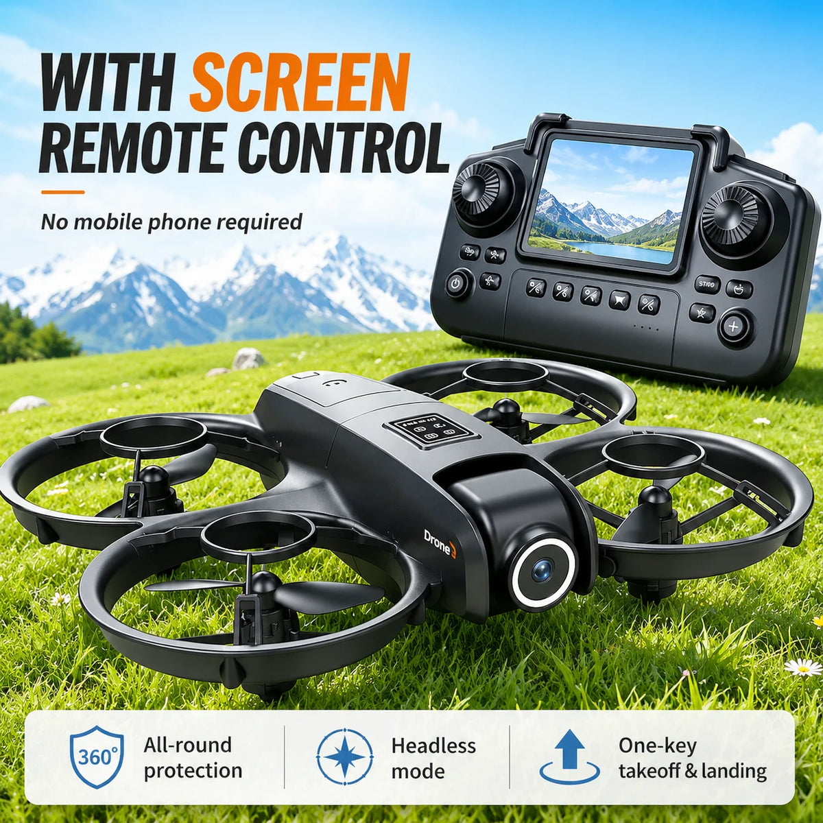 ZNLYRION YL3PK Mini Full Protective Drone With 2.4 Inch Screen Remote Dual Camera Optical Flow Hover 2 Batteries Indoor RC Quadcopter Pi-Mart