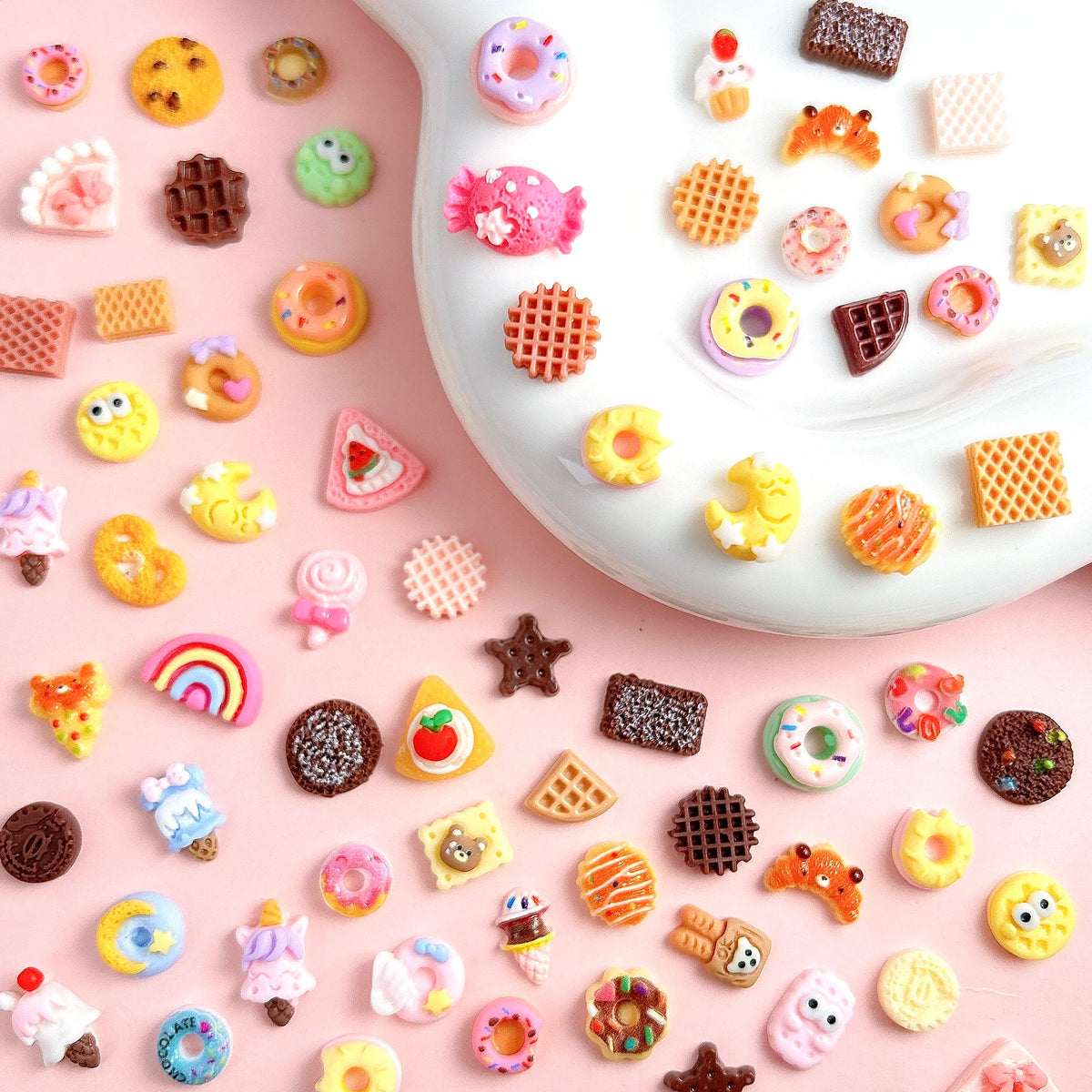 50PCS Cartoon Resin Nail Charms Simulated Biscuits Bear Croissant Donuts Cake Mix Design Creative Painted DIY Nail Art Pi-Mart