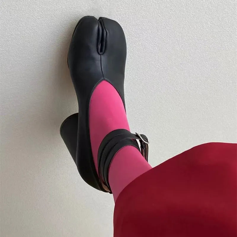 Ins style Vintage Soft Leather Split Toe Tabi Women Pumps Fashion Ankle Strap Thick High heels Spring Autumn Casual Chunky Shoes LadyShow.Store