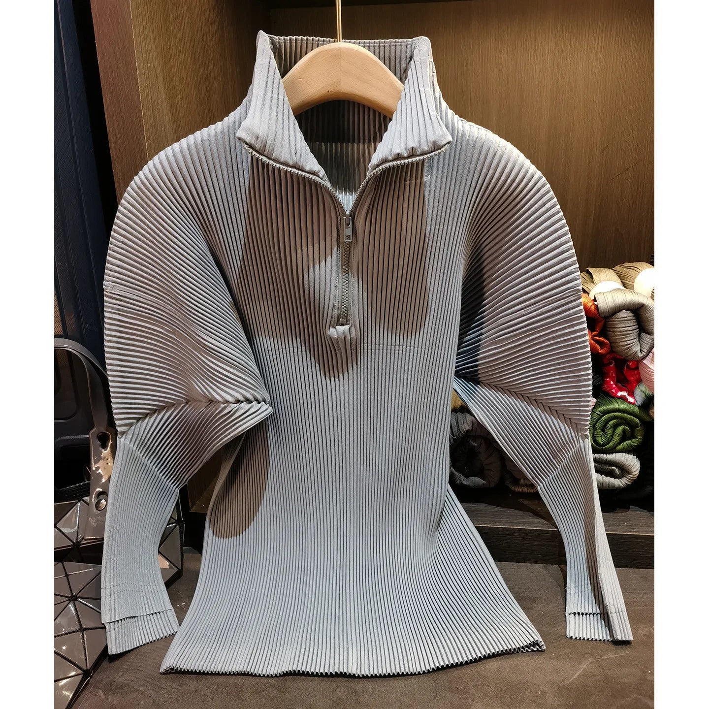 Miyake Pleated Sweatshirt Pit Stripe Zipper Standing Collar Jacket Women 2025 New Casual Pullover Hundred Pleat Skinny Tops LadyShow.Store