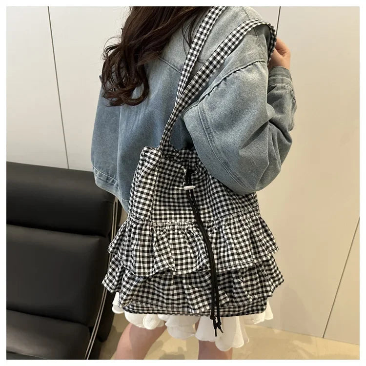 Large Capaci Cute Plaid Cotton Tote Bag  Lace Trim Women's Summer 2025 Simple Lady Handbag Soft Shoulder Bags Bolsa Feminina Pi-Mart