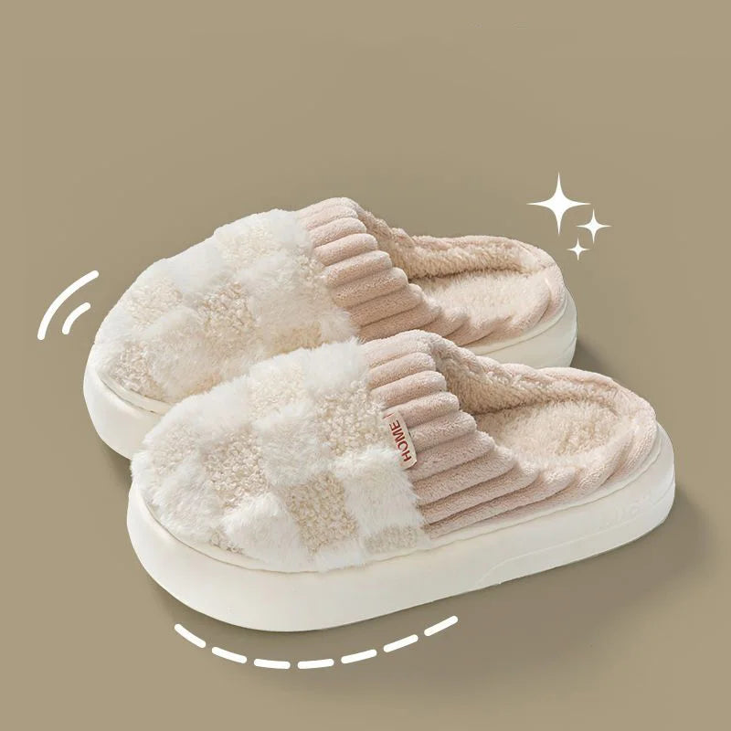 Fashion Couple Winter Slides Warm Plaid Fluffy Slippers Soft Sole Flip Flops For Women And Men Home Indoor Non-slip Cotton Shoes Pi-Mart