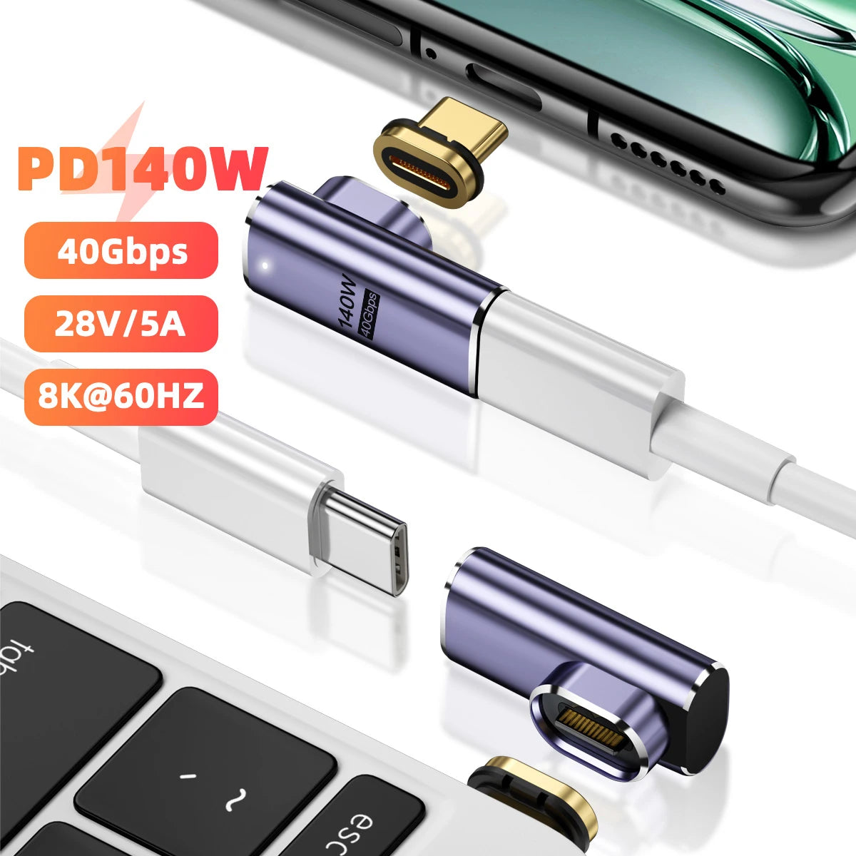 NNBILI 140W USB4.0 40Gbps Thunderbolt3 Magnetic Type-C TO USBC Fast Charge Magnet Converter Cable 8K@60Hz OTG USB Type C Adapter Pi-Mart