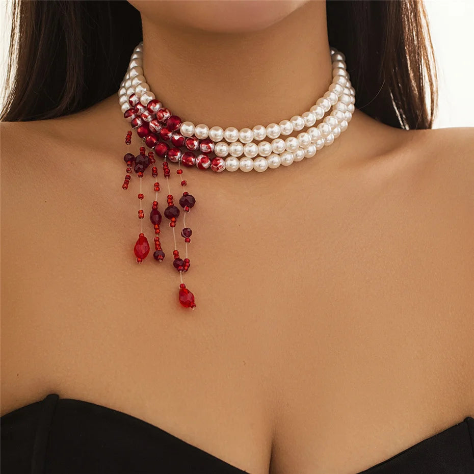 Multilayer Vintage Red Blood Pattern Imitation Pearl Tassel Pendant Necklace for Women Goth Crystal Bead Chain Halloween Jewelry Pi-Mart