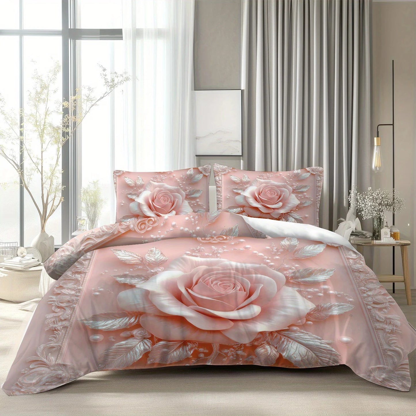 Latacaca 2/3Pcs Pink Rose Duvet Cover Set, Soft Comfortable Floral Bedding with Pillowcases, Machine Washable Queen King Size Pi-Mart