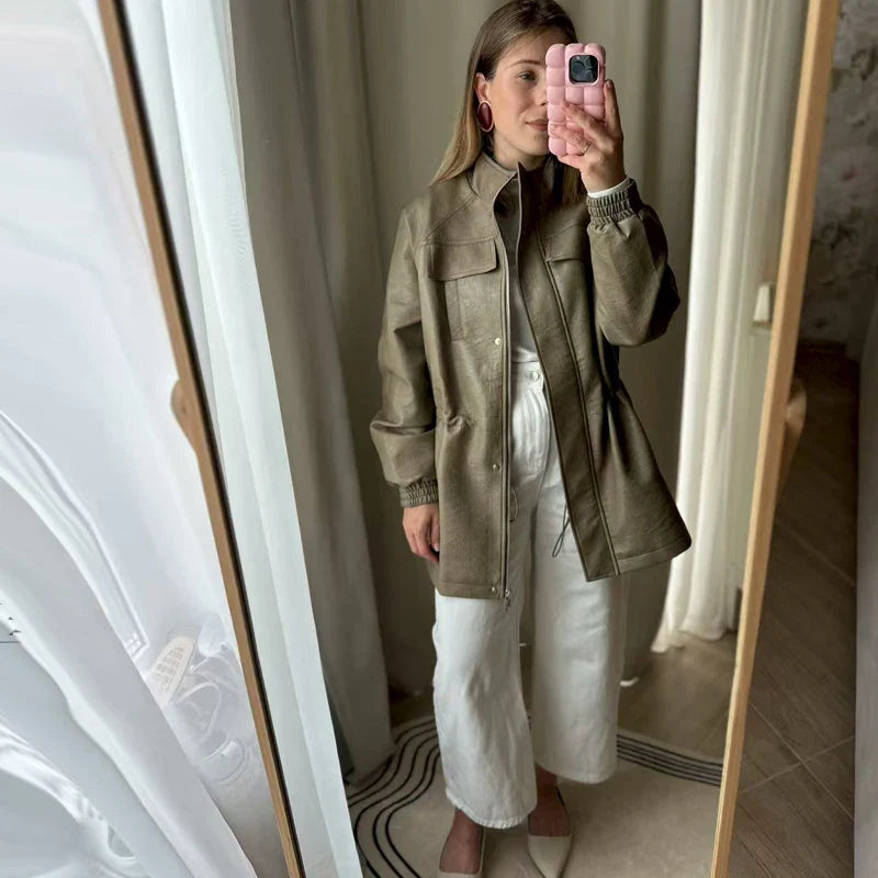 Women Fashion 2025 Fall / Autumn Pu Leather Jacket with Elastic adjustable waist Female Coat and Outerwear LadyShow.Store
