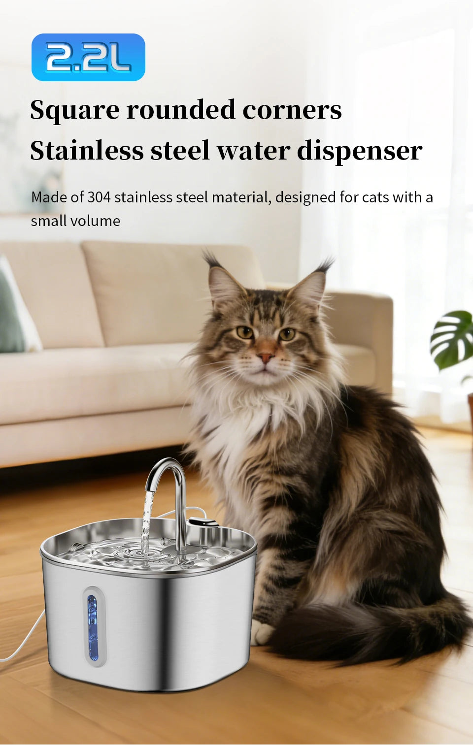 Large Capacity Cat Water Fountain Stainless Steel Automatic Pet Drinking Fountain for Indoor Cats Dogs Quiet Cat Water Dispener Pi-Mart