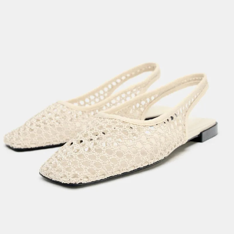 Weave Mesh Breathable Mules Sandals for Women Summer New Slingback Beach Shoes Casual Square Toe Fashion Ballet Flats Ladies LadyShow.Store
