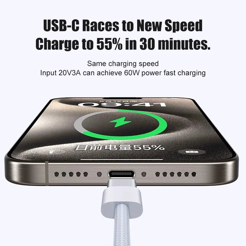 60W USB C Phone Cable For iPhone 16 15 17 Pro Max 17 Air Plus Fast Charging Type-C Charge Braided Cables USB to Type C Data Line Pi-Mart