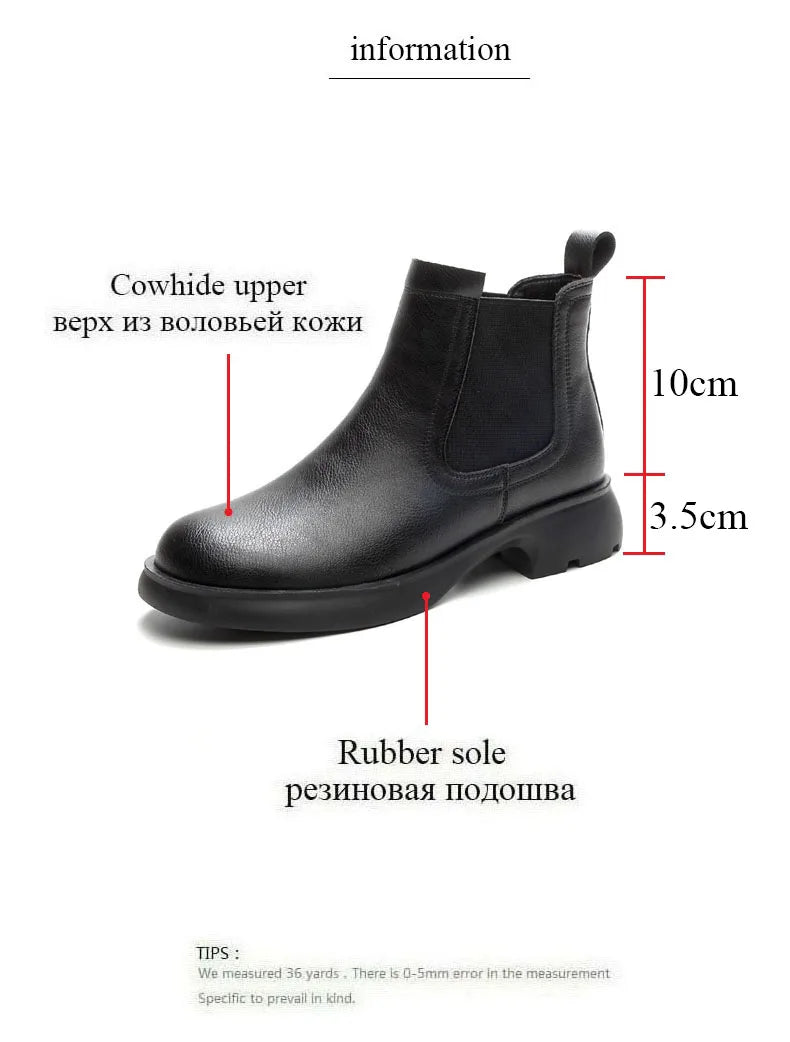 DRKANOL Fashion Women Thick Heel Ankle Boots Autumn Winter Warm Shoes Round Toe Real Cowhide British Style Slip On Chimney Boots Pi-Mart