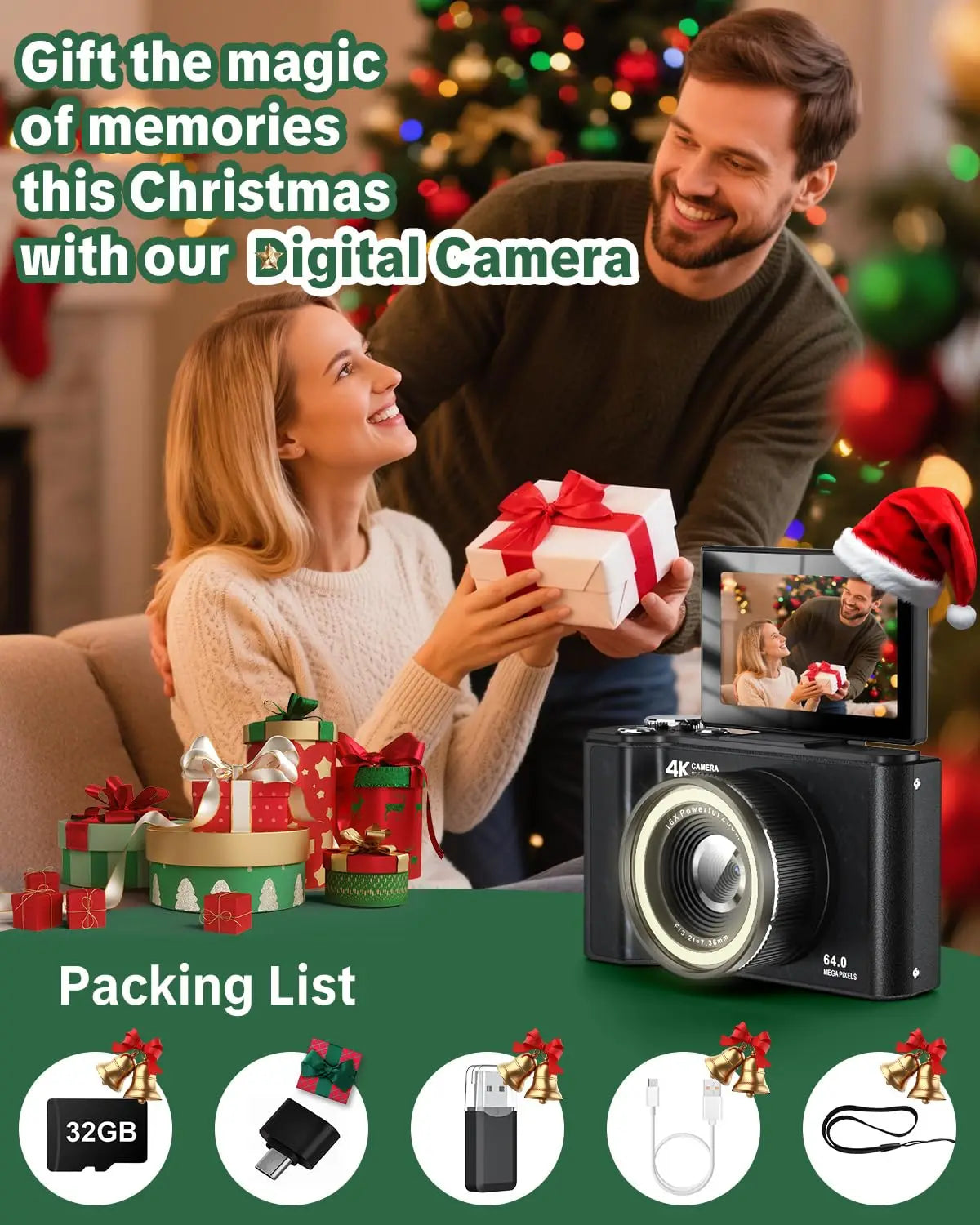 4K Digital Camera for Photography,4k Camera with Ring Light，180° Flip Screen Camera for Vlogging with Beauty Mode,Point and Shoot Digital Cameras for Beginner with SD Card，Christmas Gift Pi-Mart
