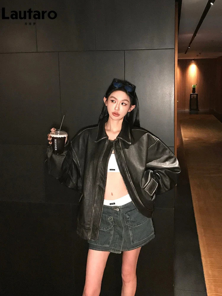 Lautaro Spring Autumn Cool Handsome Retro Oversized Distressed Brown Soft Faux Leather Jackets for Women Zipper Runway Fashion LadyShow.Store
