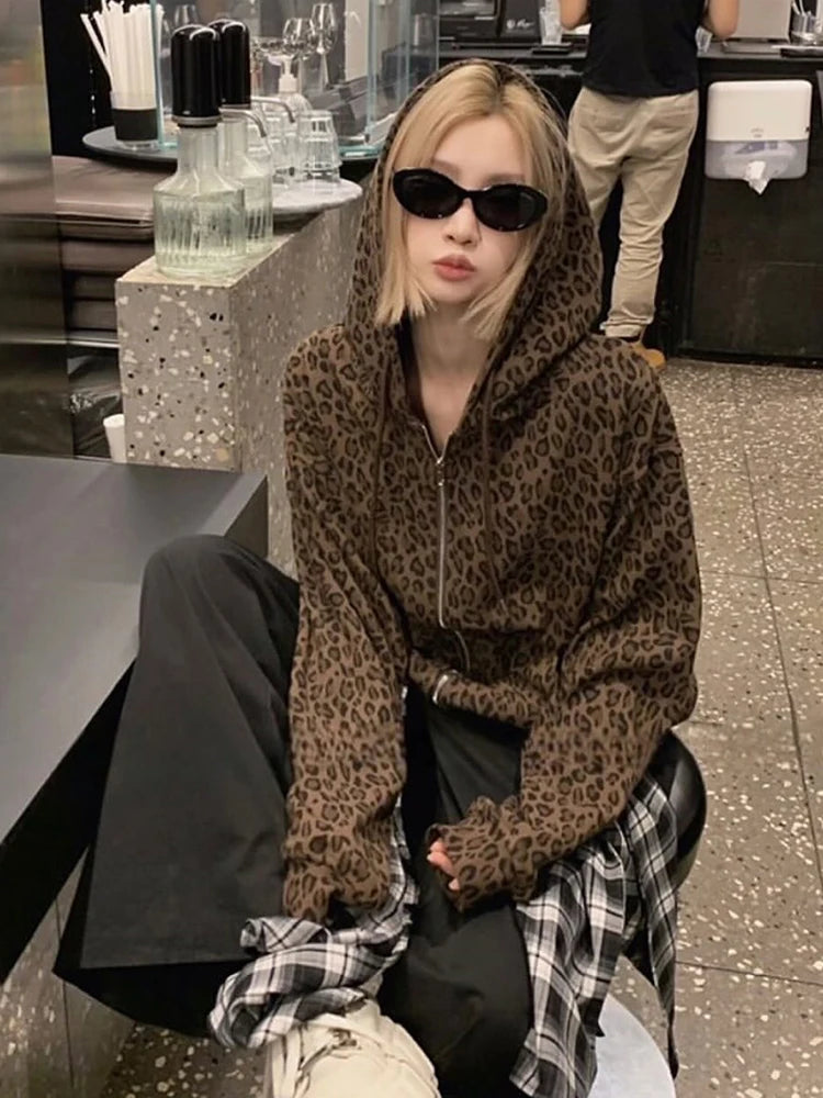 Y2K Leopard Print Hooded Jacket Women Full Zip Drawstring Hood Long Sleeve Loose Fit Streetwear Street Club Ladies Outerwear Pi-Mart