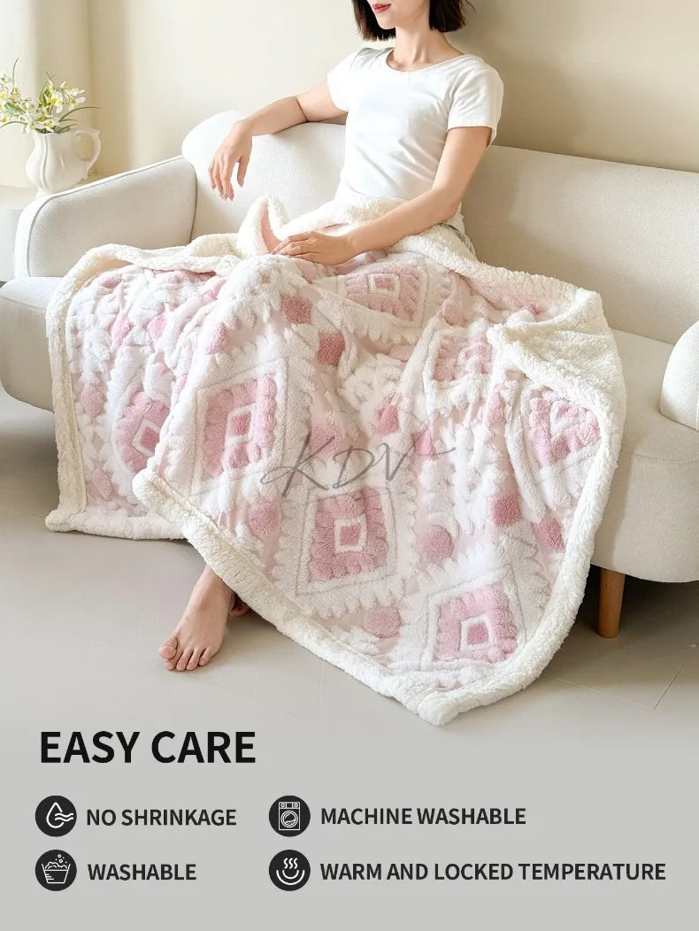 Geometric Patterned Jacquard Fleece Blanket Double Layer Thick Warm Taffeta Sofa Throw Blanket Spring Autumn Plush Bed Blanket Pi-Mart