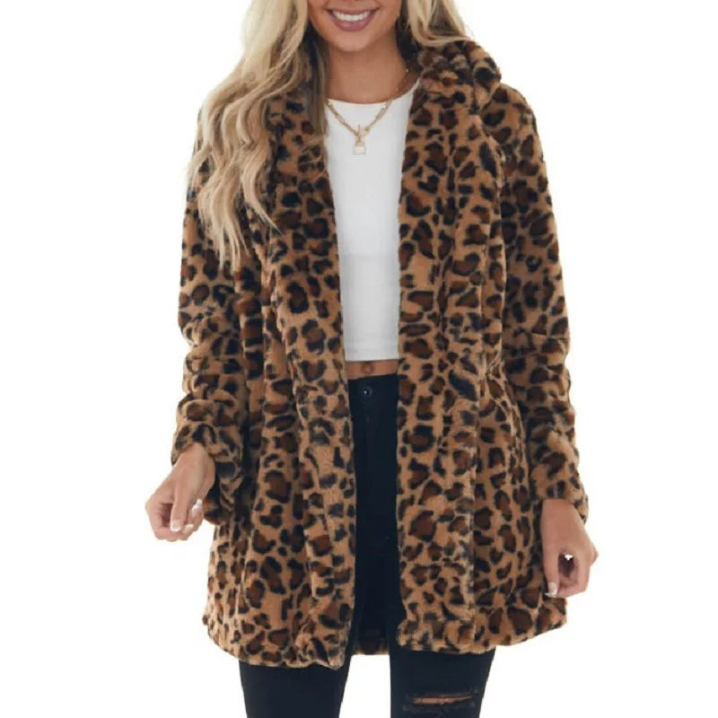 Women Winter Warm Faux Fur Coat Fashion Casual Turn-down Collar Leopard Jackets Ladies Streetwear Long Sleeve Pockets Overcoats LadyShow.Store
