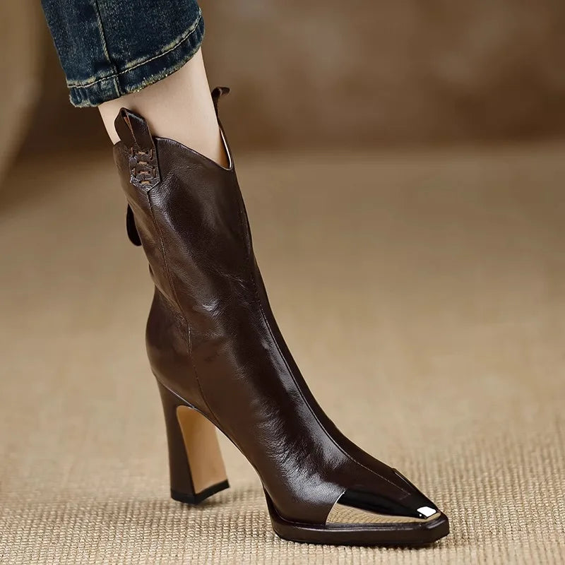 2024 New Metal Square Toe Ankle Boots for Women Fashion Patent Leather Women's Shoes Botas Mujer High Heels Shoes Women Zapatos Pi-Mart