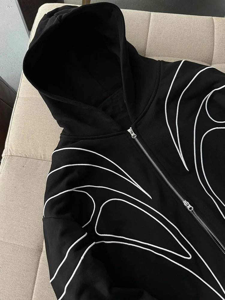 Street Retro Fashion Clothing Striped Embroidered Black Double Zipper Hoodie American Hip-hop Punk Oversized Sweatshirt women LadyShow.Store