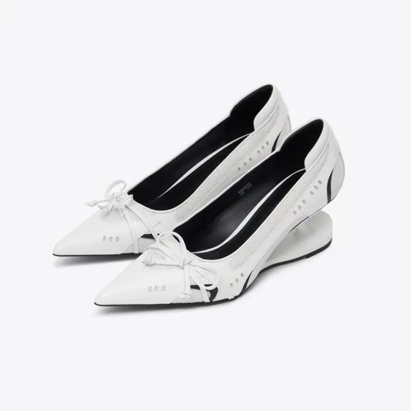Special Heel Spliced Heels Pointed Toe Heels Women's Fashion Shallow Mouth Bow Non-Slip Mary Jane Single Shoes Large 42 LadyShow.Store
