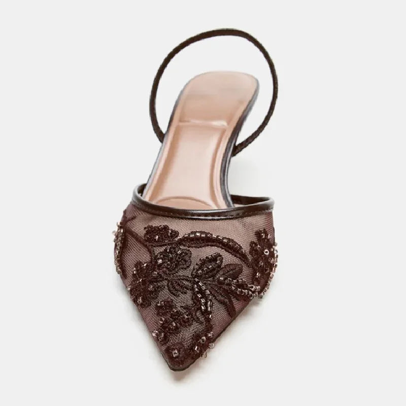 Sexy Pointed Toe Mesh Embroider High Heels for ladies Elegant String Bead pumps Summer Luxury Designer Shoe Brown Heeled Sandals LadyShow.Store