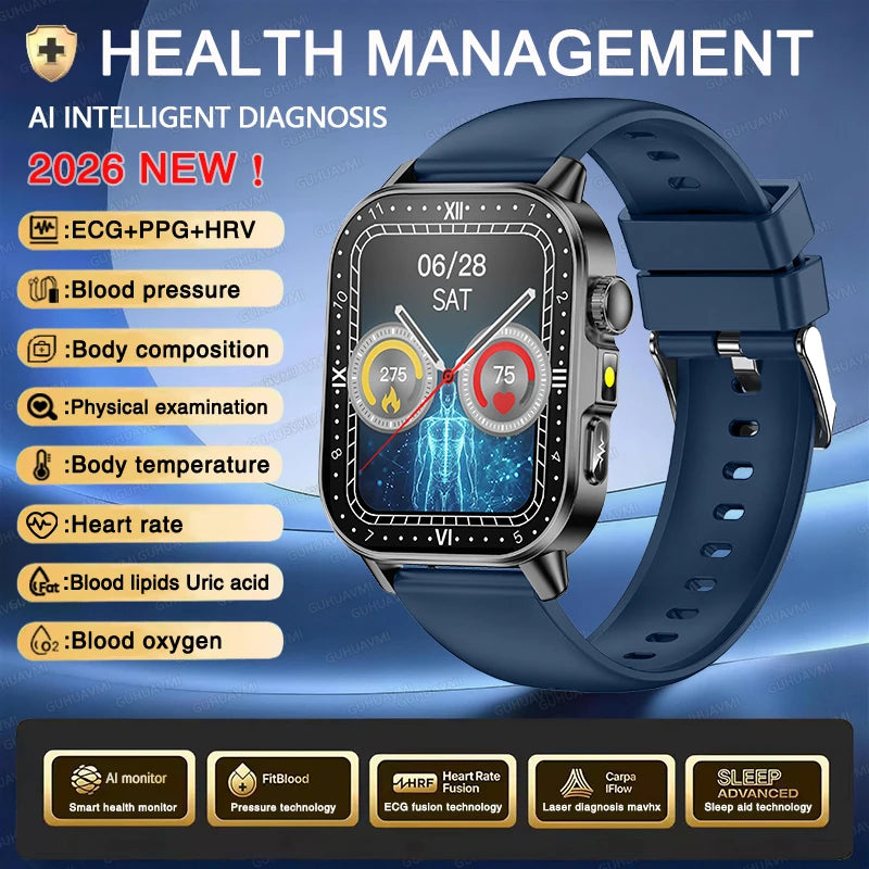 New Men Accurate Health Diagnosis ECG Smart Watch Blood Pressure Blood Oxygen Blood Fat Uric Acid Temp Bluetooth call Smartwatch Pi-Mart