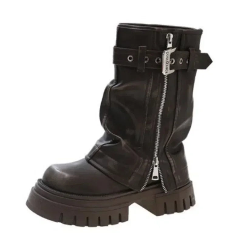 2025 Winter Women Biker Boots Fashion Belt Buckle Ladies Elegant Platform Long Pipe Booties Casual Women's Knee High Booties LadyShow.Store
