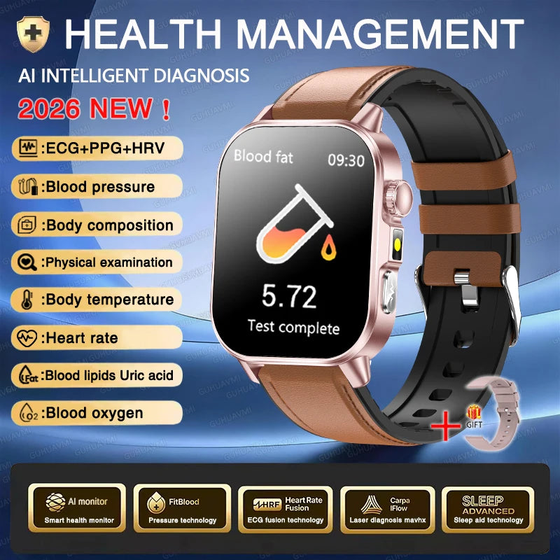 New Men Accurate Health Diagnosis ECG Smart Watch Blood Pressure Blood Oxygen Blood Fat Uric Acid Temp Bluetooth call Smartwatch Pi-Mart