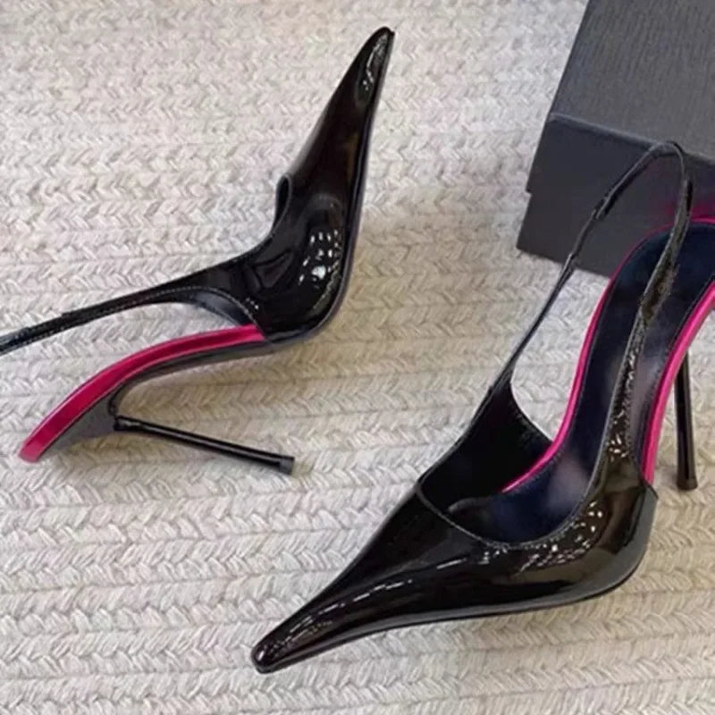 2026 Fashion Non-Slip Wear-Resistant High Heels Women's Pointed Toe Patent Leather Slip-On Sandals LadyShow.Store