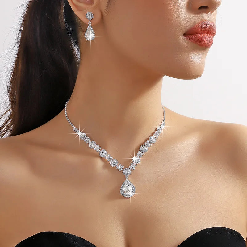 3 Pieces of Women's Crystal Droplet Necklace with Earrings Set for Wedding Evening Dress Accessories Pi-Mart