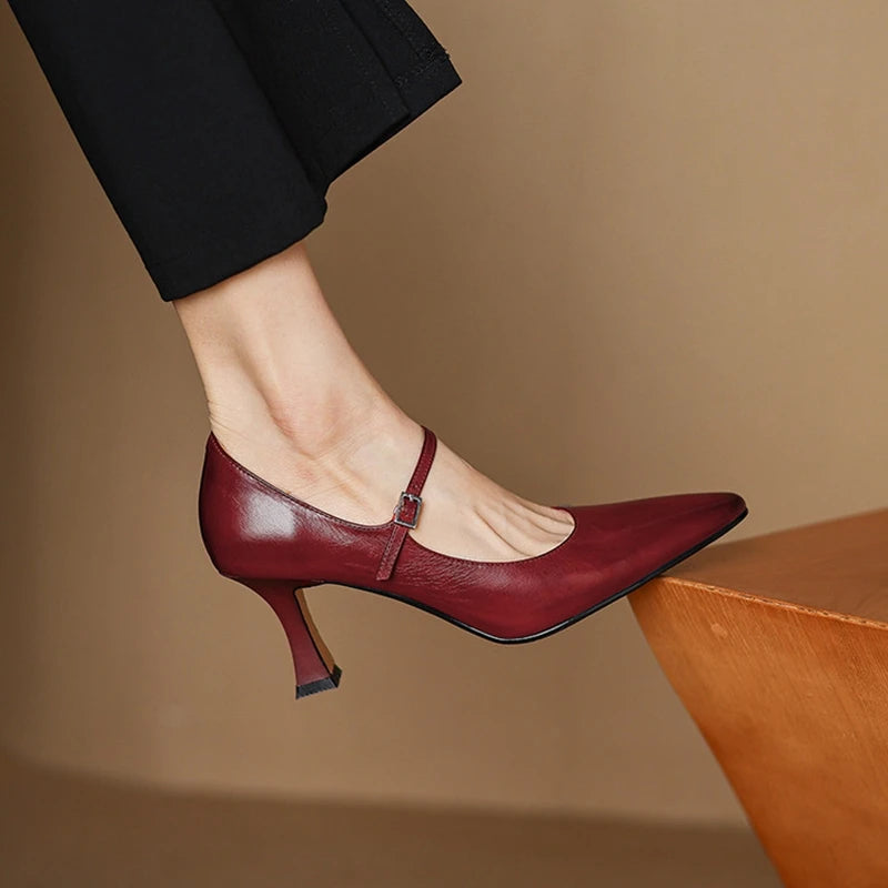 NEW Spring/Autumn Women Pumps Genuine Leather Shoes for Women Pointed Toe Thin Heel Shoes Shallow Buckle Strap Mary Janes Shoes Pi-Mart