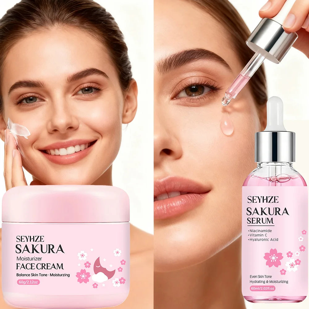 SEYHZE Sakura Collagen Essence + Moisturizing Cream Facial Care Set - 2pcs Packed with Collagen Peptides Vitamin C/E Aloe Niacin Pi-Mart