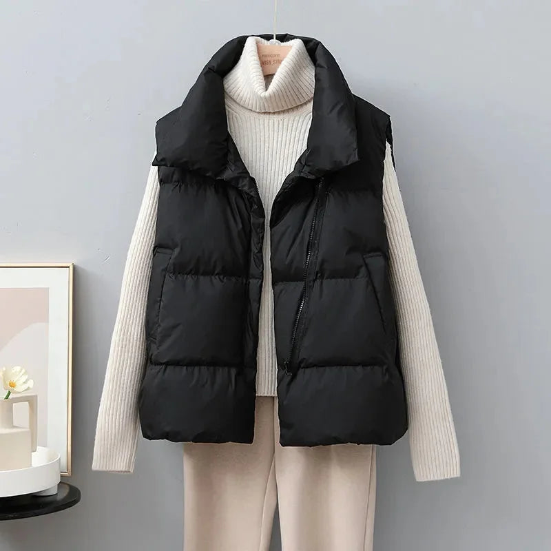 2024 New Winter Warm Cropped Vest Jackets for Women Fashion Sleeveless Stand Collar Zip Up Puffer Waistcoat Street Style Outwear LadyShow.Store