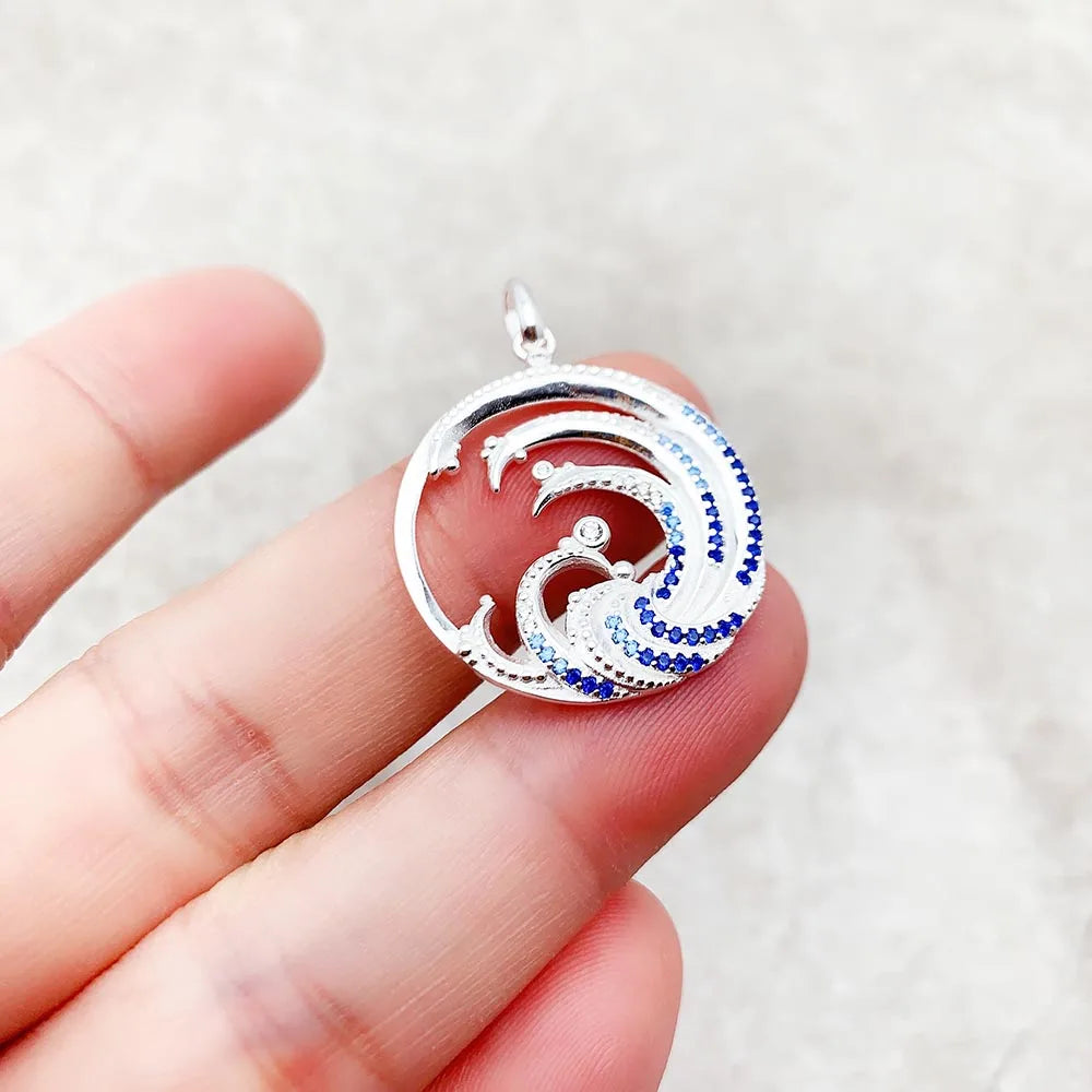 Wave With Blue Stone Pendants New Expressive Jewelry Pure 925 Sterling Silver Accessories Ocean Gift For Women Pi-Mart