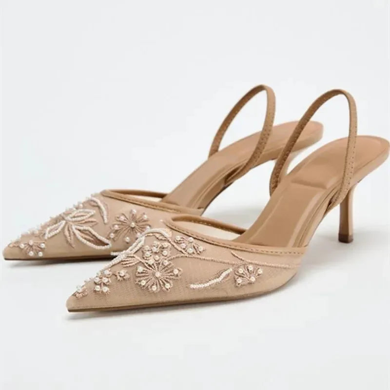Sexy Pointed Toe Mesh Embroider High Heels for ladies Elegant String Bead pumps Summer Luxury Designer Shoe Brown Heeled Sandals LadyShow.Store