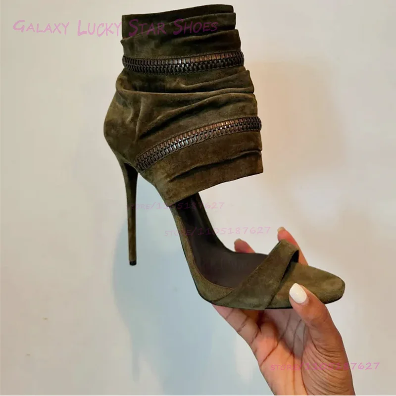 Dark Emerald Green Suede Ankle Wrap Sandals Women Open Stiletto Heel Round Toe Hot Chick Heels Metal Zip Cool Street Style Shoes LadyShow.Store