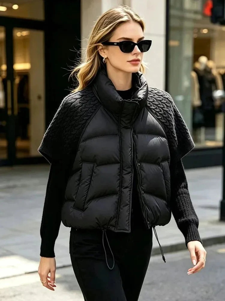 Short Puffer Jacket Sleeveless Duck Down Coat Warm Lightweight Patchwork Knitted Warm Drawstring Short Puffer Down Waistcoat LadyShow.Store