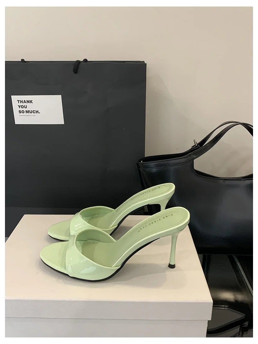 2026 Fashion Sexy Thin High Heels Slides Women Open Toe Pumps Slip Sandal Female Slippers Mule Patent Leather Outdoor Flip Flops LadyShow.Store