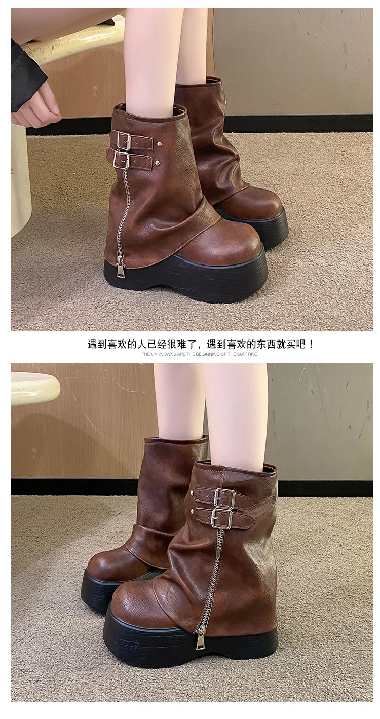 Soft Leather Ankle Mid Calf Boots Winter Autumn High Platform Wedge British Booties Woman New Ladies Chunky Motorcycle Boots 9CM Pi-Mart