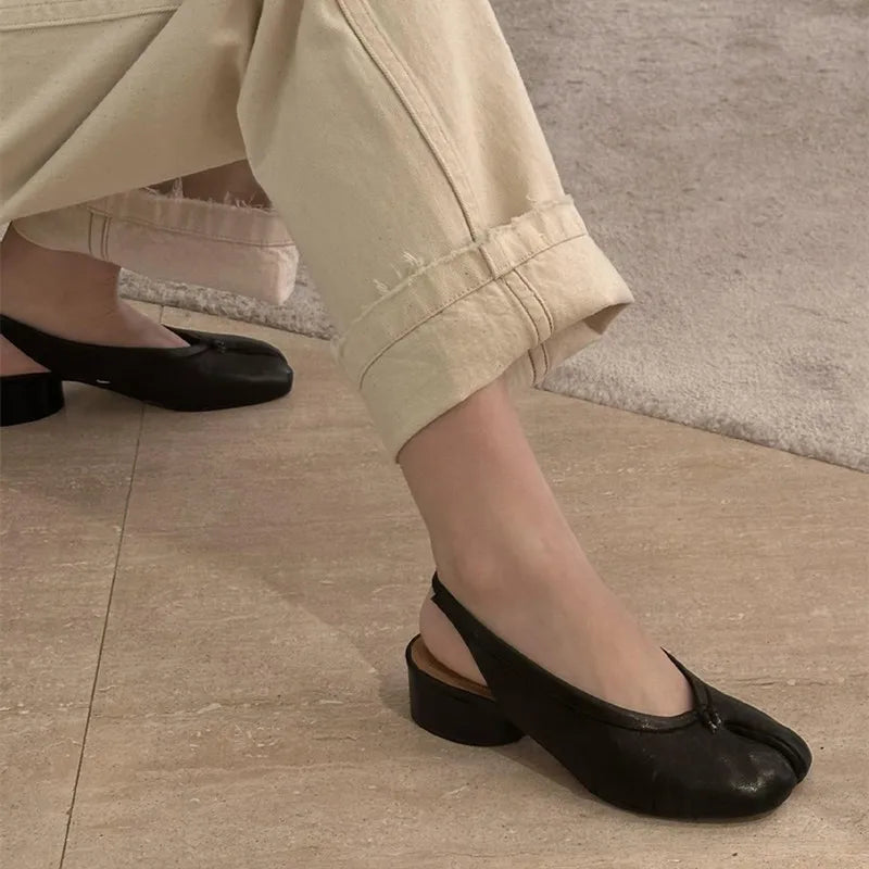 2025 Spring Summer Fashion Soft Leather Split Toe Women Pumps Casual Comfortable 3.5cm Low Heeled Slingbacks Tabi Ballet Shoes LadyShow.Store