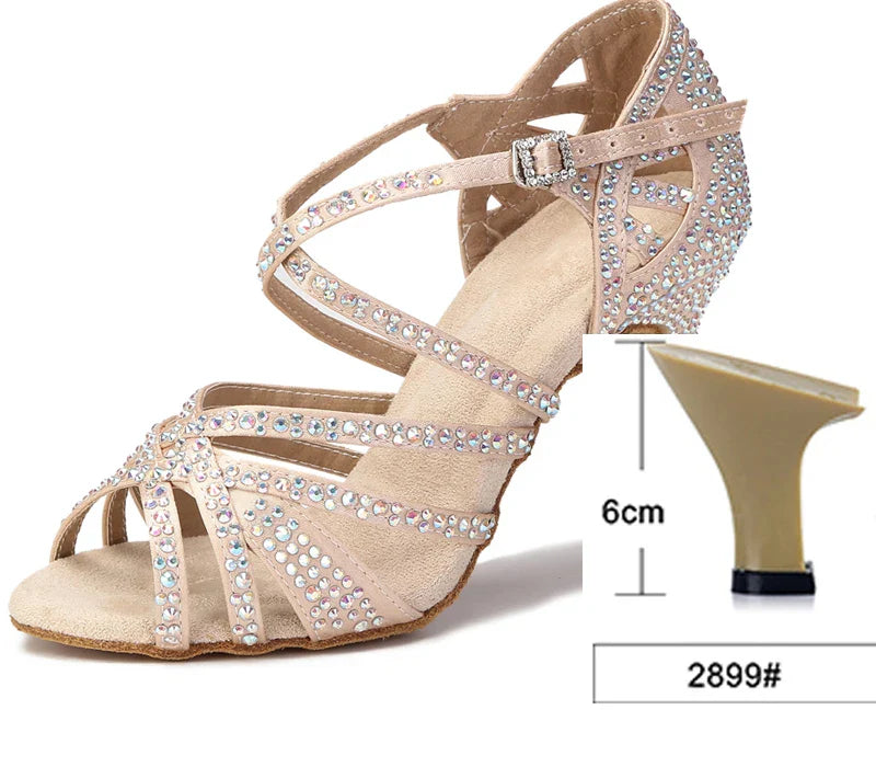 WUXIJIAO Women Party Dance Shoes Satin Shining rhinestones Soft Bottom Latin Dance Shoes Woman Salsa Dance Shoes heel LadyShow.Store
