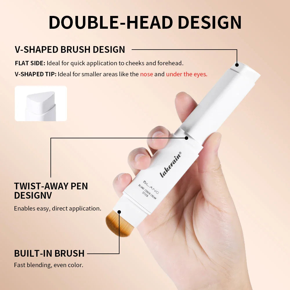 Lakerain Color Changing Foundation Stick Full Coverage Matte Finish Dual-Ended Brush & Stick Waterproof Smooth Foundation Makeup Tri Light Beauty
