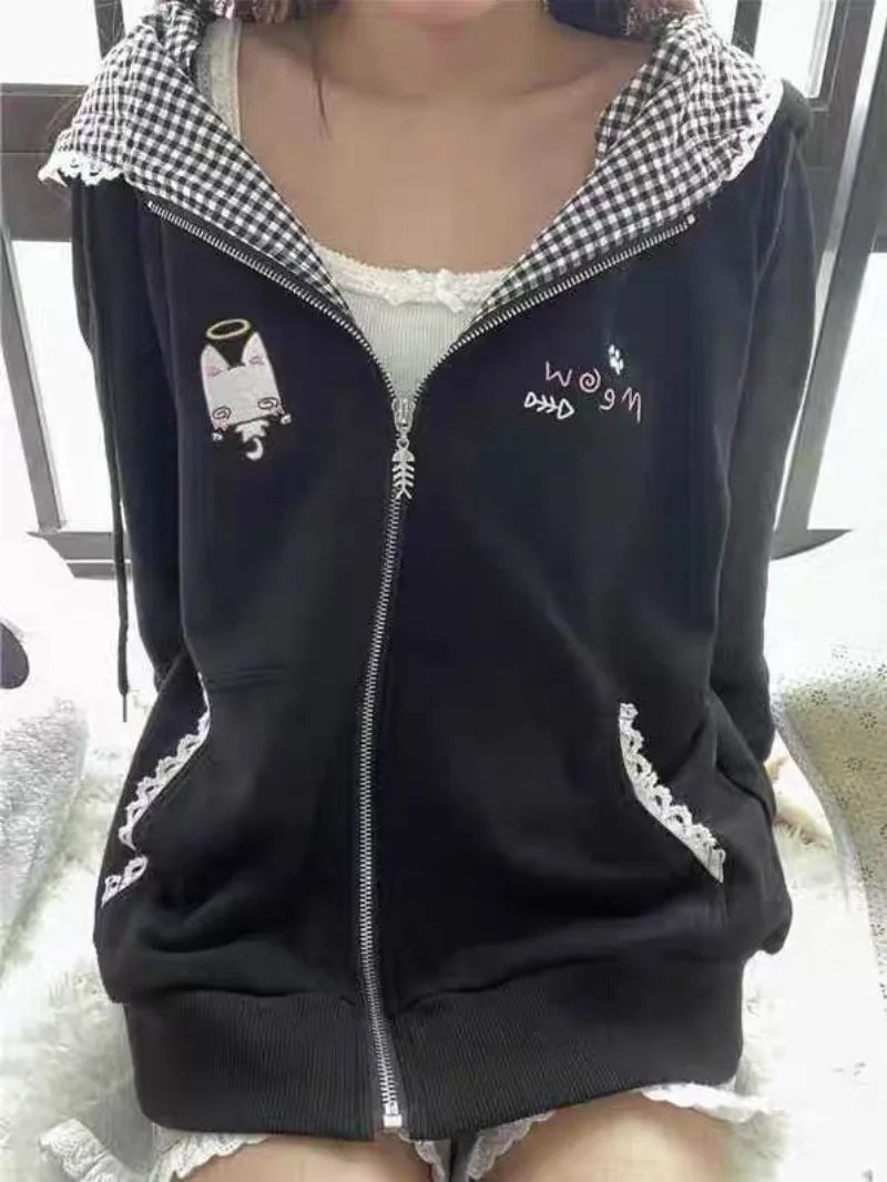 Zipper Hoodie Gothic Cartoon Kawaii Cat Ear Y2k Jacket Zip Up Thin Coat Spring Autumn Cute Core 2000s Clothes Fall Sweatshirts LadyShow.Store