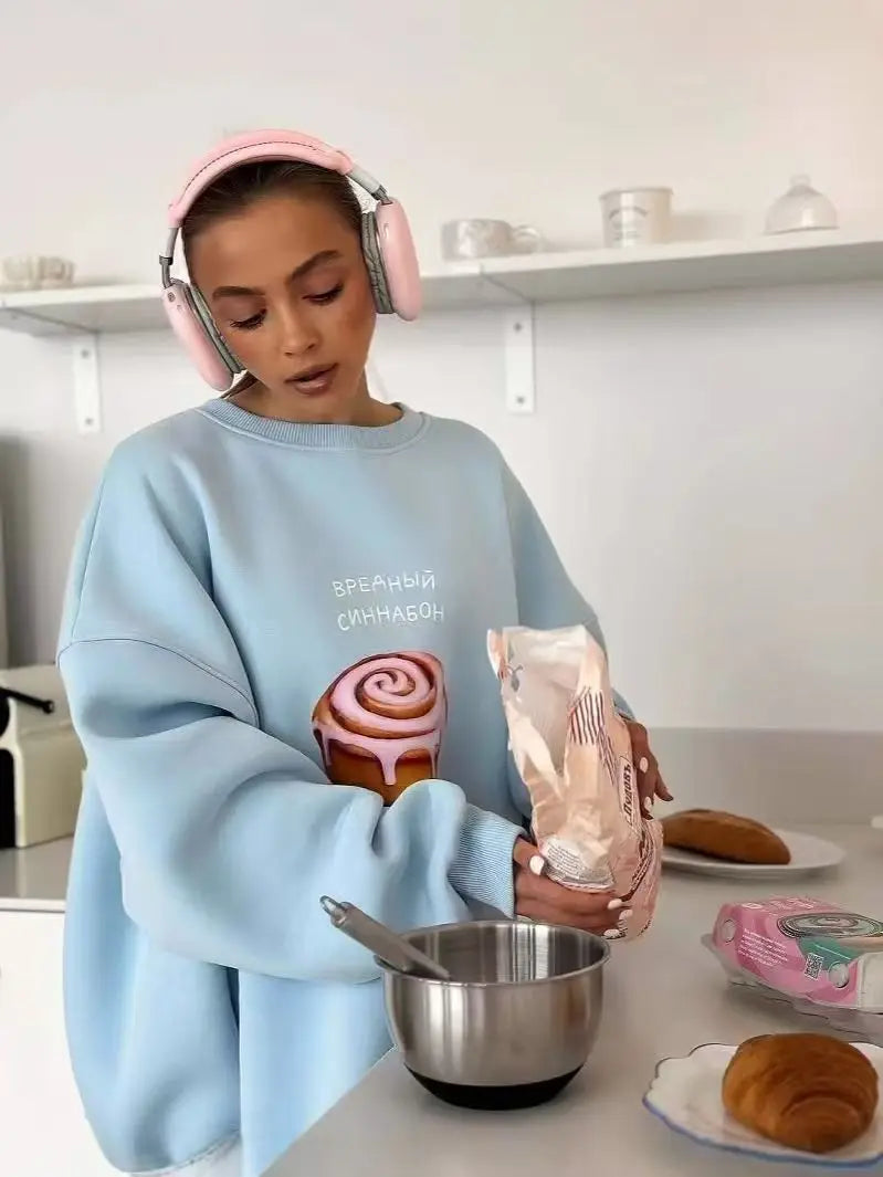 blue Cartoon pastries Russian letter print hip hop O Neck Oversize Sweatshirt Women Thin Spring 2025 Hoodies American Casual Top LadyShow.Store