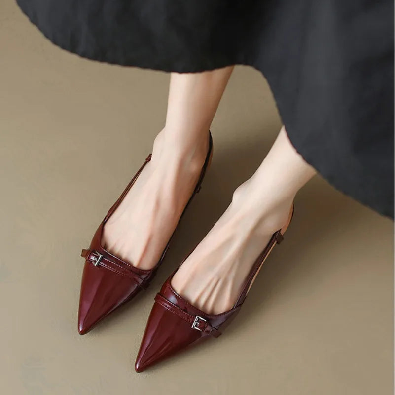 2024 New Summer Women's Dress Shoes Patent Leather Slip on Pointed Toe Sandals Buckle Slingbacks Mid Heels Pumps Sandalias Mujer LadyShow.Store