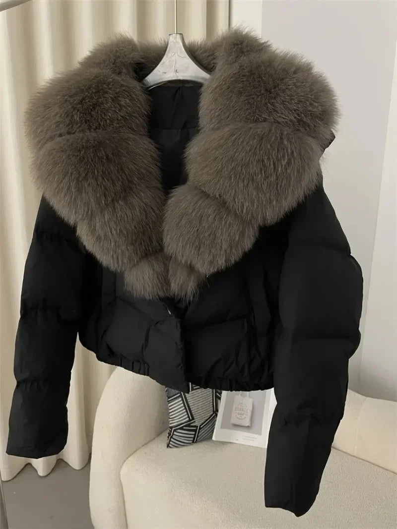 Down Jacket Women Short Puffer Jacket Thick New Big Natural Real Fox Fur Coat  Autumn Winter Female White Duck Down Coat Feather LadyShow.Store